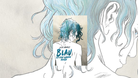 Gezeichnetes Buchcover: Blick von hinten auf eine Person mit freiem Oberkörper und blauen Haaren, auf dem Rücken steht "Blau ist eine warme Farbe".