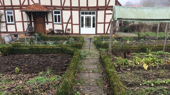 Mit Buchsbaum umrandete Beete in einem Bauerngarten im Winter