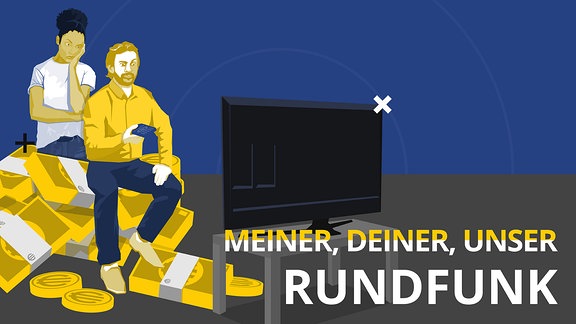 Stilisierte Grafik: Frau und Mann sitzen auf Geldscheinen, haben Fernbedienung in der Hand und schauen auf einen Bildschirm. Die Frau stützt den Kopf in ihrer Hand ab.