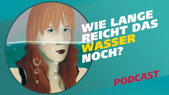 Auf dem Bild sieht man Brust und Kopf einer jungen Frau, die zur Hälfte im Wasser steht, daneben der Schriftzug "Wie lange reicht das Wasser noch?" und der Hinweis, dass es sich um einen Podcast handelt.